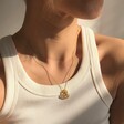 Model Wearing Cut Out 'Lovely' Heart Pendant Necklace in Gold