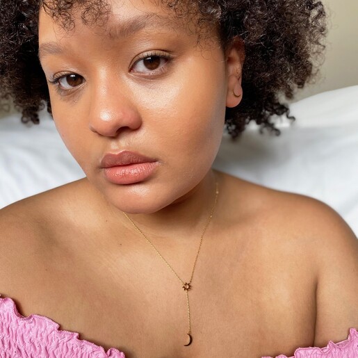 Model Wearing Lisa Angel Moon and Sun Lariat Necklace in Gold
