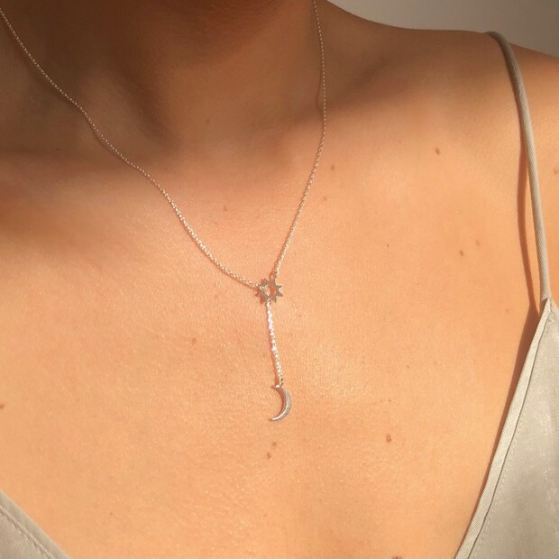 Moon and Sun Lariat Necklace in Silver | Lisa Angel
