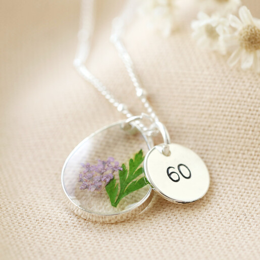 personalised 60th birthday pressed birth flower pendant necklace 0v8a4856