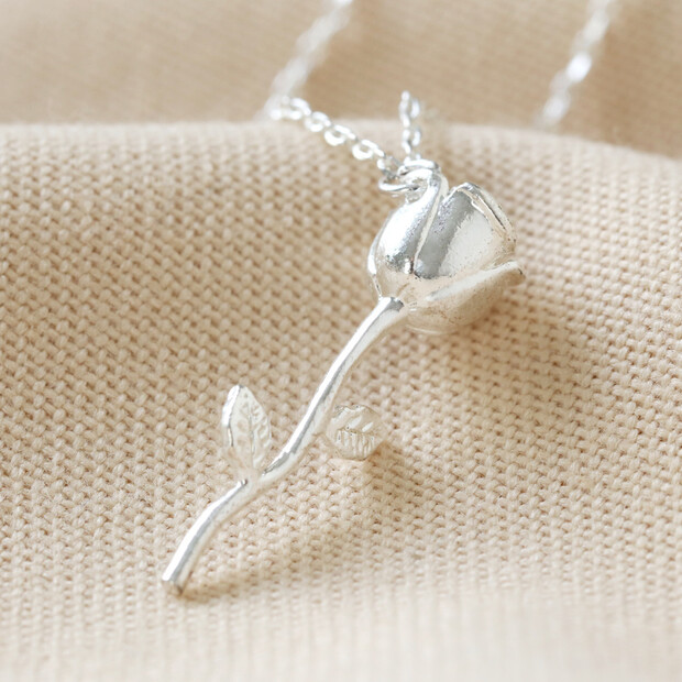 Stem Rose Pendant Necklace in Silver
