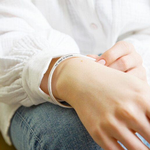 Silver Personalised Organic Shape Bangle From Lisa Angel on Model