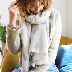 Flower and Feather Lightweight Scarf with Tassels in Grey