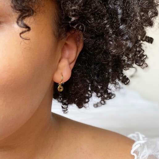 Model Wearing Lisa Angel Ladies' Gold Sterling Silver Star Disc Charm Huggie Hoop Earrings