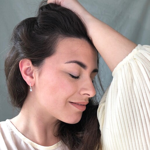Model Wearing Lisa Angel Mini Sterling Silver Star Charm Huggie Hoop Earrings