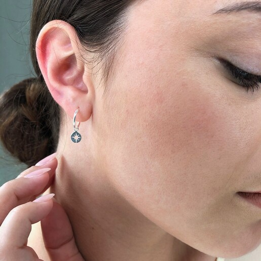 Model Wearing Lisa Angel Sterling Silver Star Disc Charm Huggie Hoop Earrings