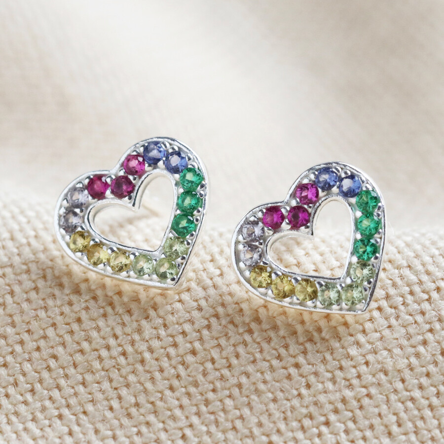 Sterling Silver Rainbow Crystal Heart Stud Earrings | Lisa Angel