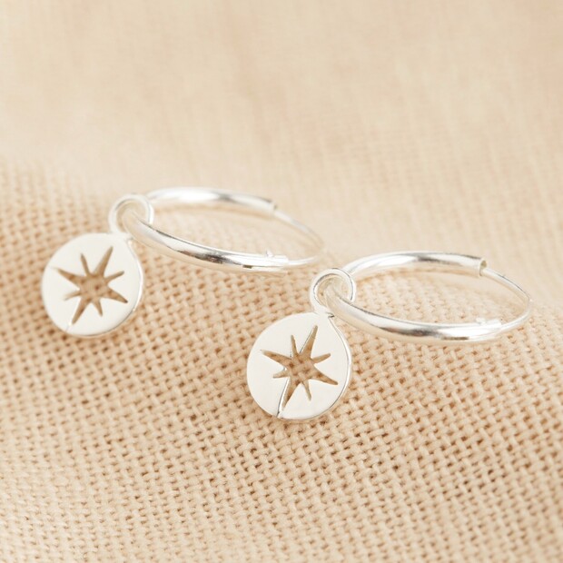 Sterling Silver Star Disc Charm Huggie Hoop Earrings Sterling Silver Star Disc Charm Huggie Hoop Earrings