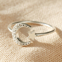 Sterling Silver Crystal Moon and Star Ring