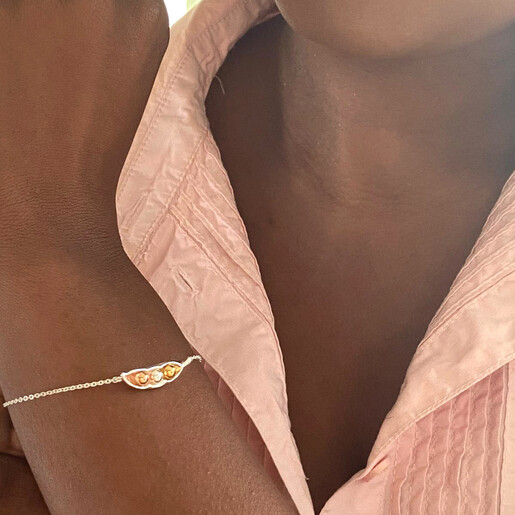 Peas in a Pod Bracelet on Model Lisa Angel Silver Three Peas In a Pod Bracelet on Model