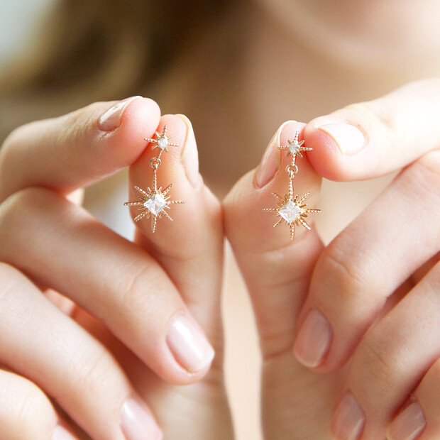 Crystal Double Star Drop Earrings in Rose Gold