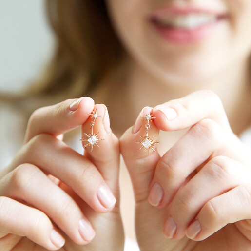Lisa Angel Crystal Double Star Drop Earrings in Rose Gold and Model