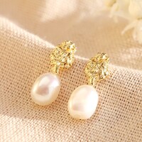 Gold Organic Finish Pearl Drop Earrings