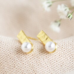 Hammered Bar and Pearl Stud Earrings in Gold