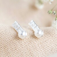 Hammered Bar and Pearl Stud Earrings in Silver