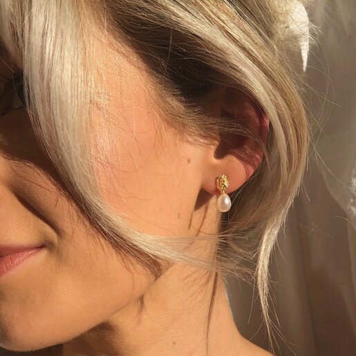 Model Wearing Ladies' Gold Organic Finish Pearl Drop Earrings