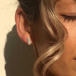 Hammered Bar and Pearl Stud Earrings in Silver