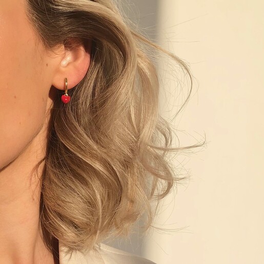 Model Wearing Lisa Angel Red Enamel Heart Charm Huggie Hoop Earrings