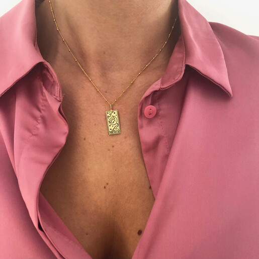 Model Wearing Lisa Angel Ladies' Gold 'The Moon' Tarot Card Pendant Necklace