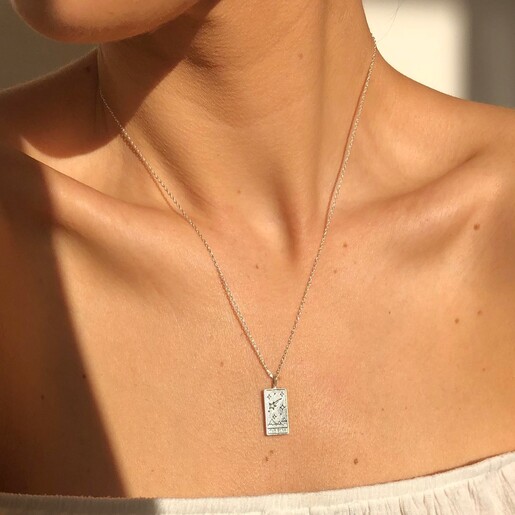 Necklace on Model Model Wearing Silver 'The Star' Tarot Card Pendant Necklace From Lisa Angel