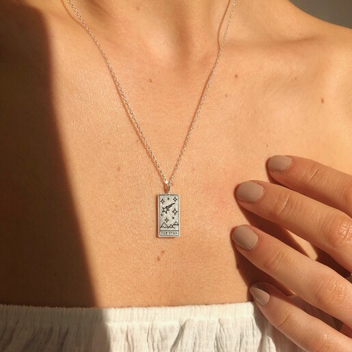 Necklace on Model Model Wearing Lisa Angel Ladies' Silver 'The Star' Tarot Card Pendant Necklace