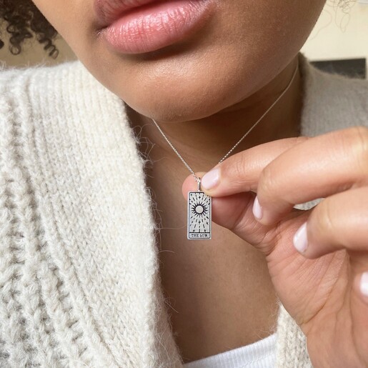 Lisa Angel Silver 'The Sun' Tarot Card Pendant Necklace on Model
