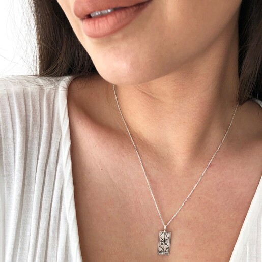 Lisa Angel Silver 'The World' Tarot Card Pendant Necklace on Model