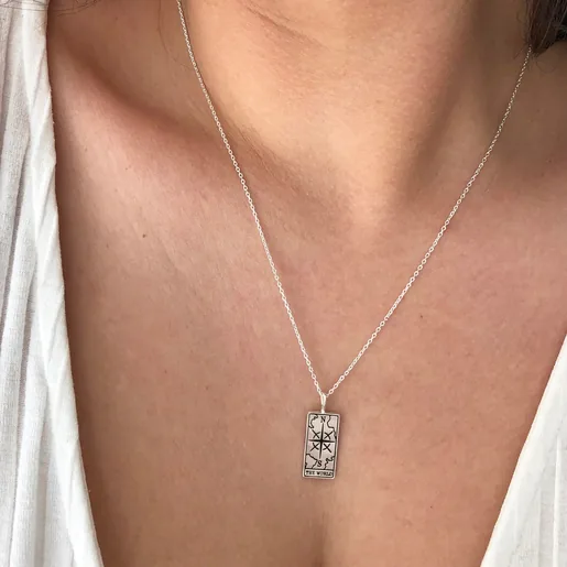 Lisa Angel Ladies' Silver 'The World' Tarot Card Pendant Necklace on Model