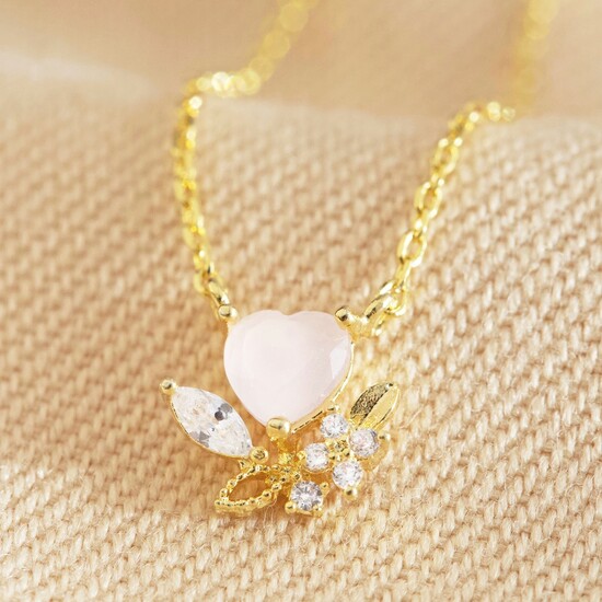 Pink Crystal Heart Pendant Necklace in Gold