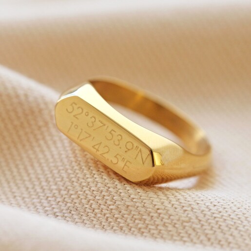 Lisa Angel Personalised Gold Coordinates Stainless Steel Bar Signet Ring