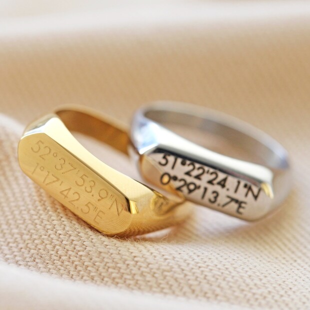 Lisa Angel Ladies' Engraved Personalised Coordinates Stainless Steel Bar Signet Ring
