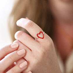 Sterling Silver Red Enamel Heart Outline Ring