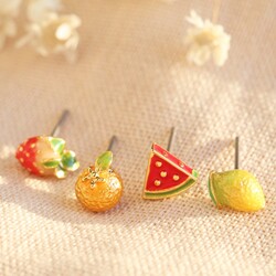 Set of 4 Mismatched Fruit Stud Earrings in Gold