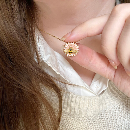 Lisa Angel Ladies' Bee and Daisy Pendant Necklace in Gold on Model