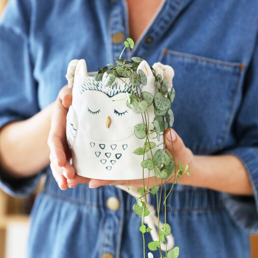 Lisa Angel Ceramic Owl Hanging Planter held by model