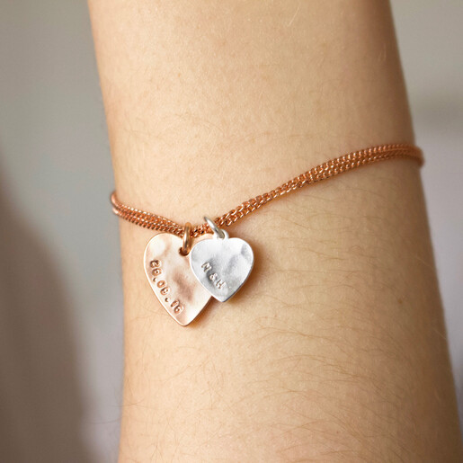 On Model Lisa Angel Delicate Personalised Double Hammered Heart Charm Bracelet on Model