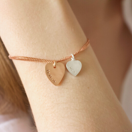 Model Wearing Bracelet Lisa Angel Delicate Personalised Double Hammered Heart Charm Rose Gold Bracelet on Model