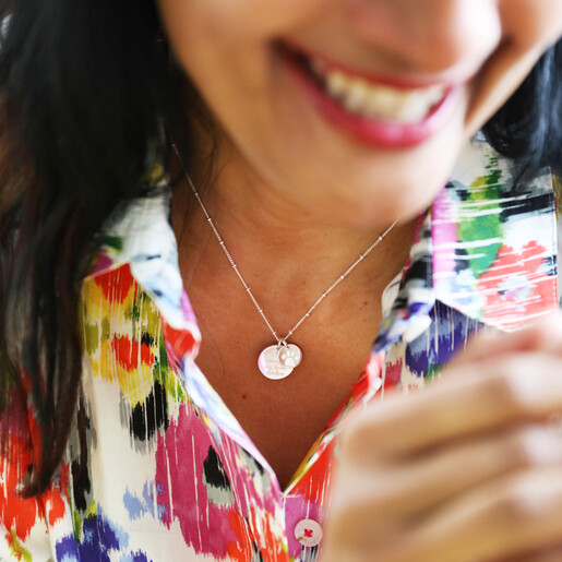 Model Wearing Lisa Angel Ladies' Personalised Sterling Silver Paw Print Disc Charm Necklace