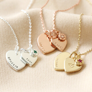 Personalised 40th Birthday Double Heart and Birthstone Necklace
