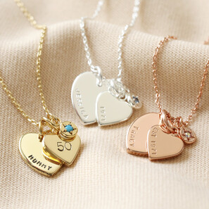 Personalised 50th Birthday Double Heart and Birthstone Necklace
