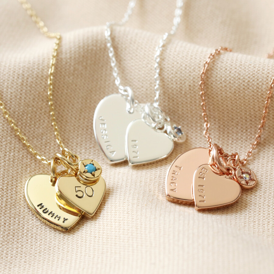 Personalised 50 Double Heart & Birthstone Necklace | Lisa Angel