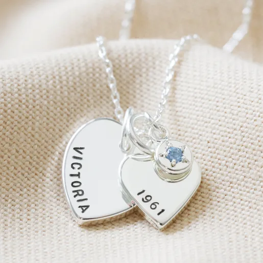 Lisa Angel Silver Personalised 60th Birthday Double Heart and Birthstone Necklace