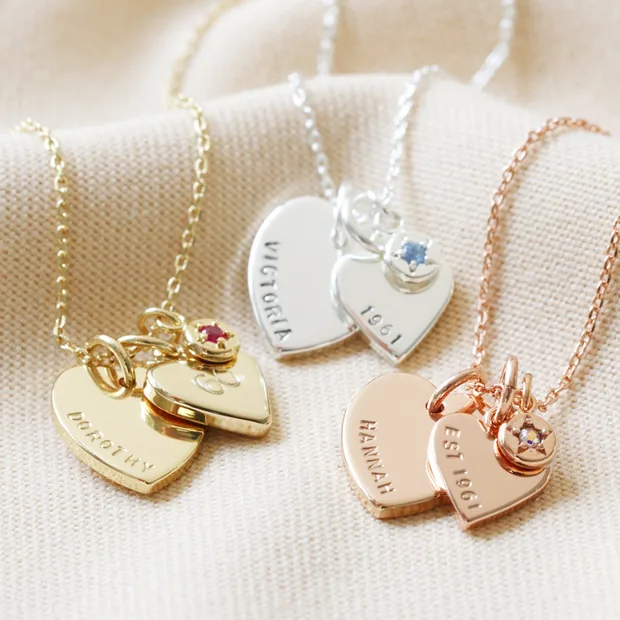 Personalised 60th Birthday Double Heart and Birthstone Necklaces Lisa Angel Ladies' Personalised 60th Birthday Double Heart and Birthstone Necklace