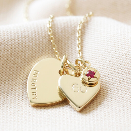 Gold Lisa Angel Gikd Personalised 60th Birthday Double Heart and Birthstone Necklace