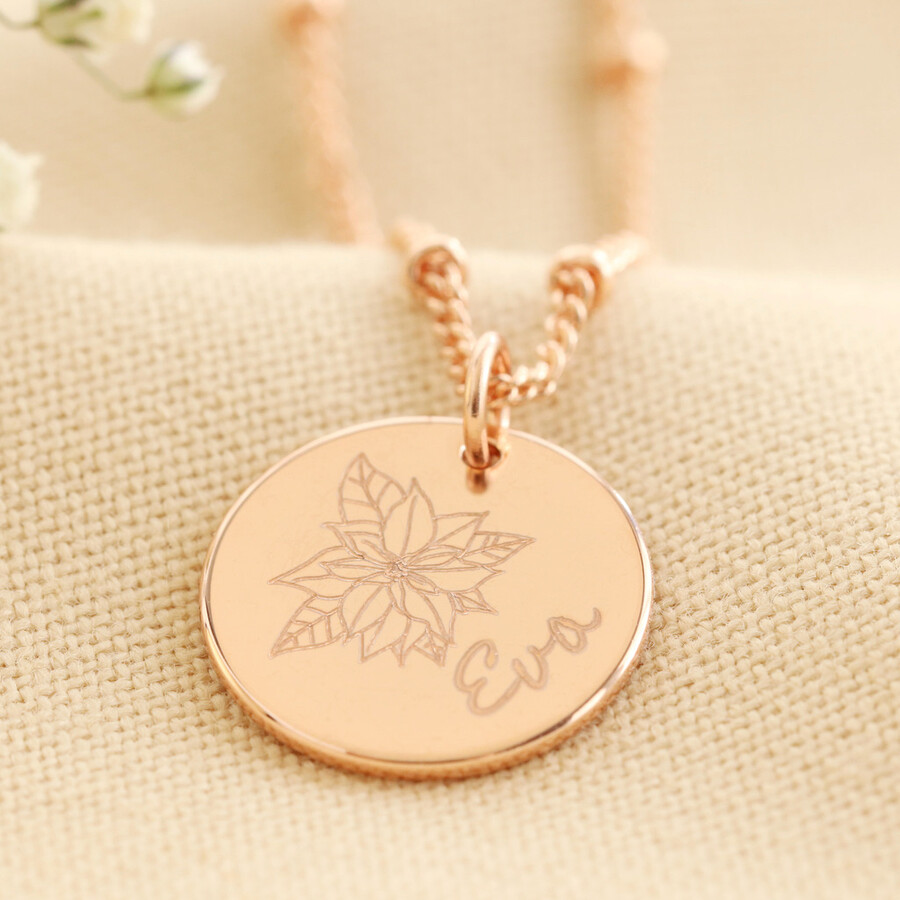 Personalised Engraved Birth Flower Disc Necklace 