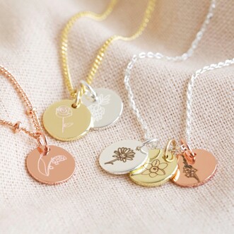 Personalised Small Birth Flower Disc Charm Necklace
