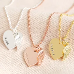 Personalised Sterling Silver Wing & Heart Charm Necklace