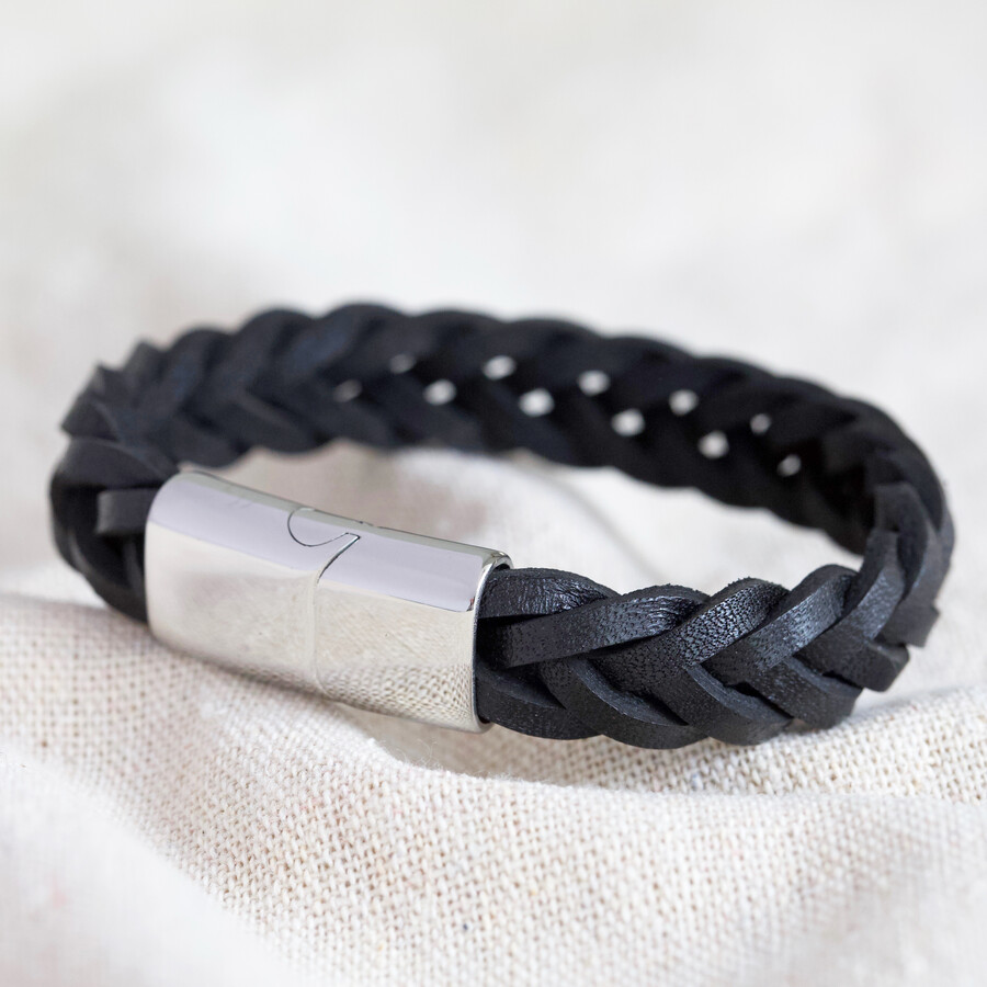 Men's Thick Black Woven Leather Bracelet | Lisa Angel