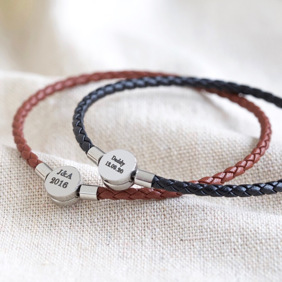 Men's Personalised Leather Bracelet with Disc Clasp Lisa Angel