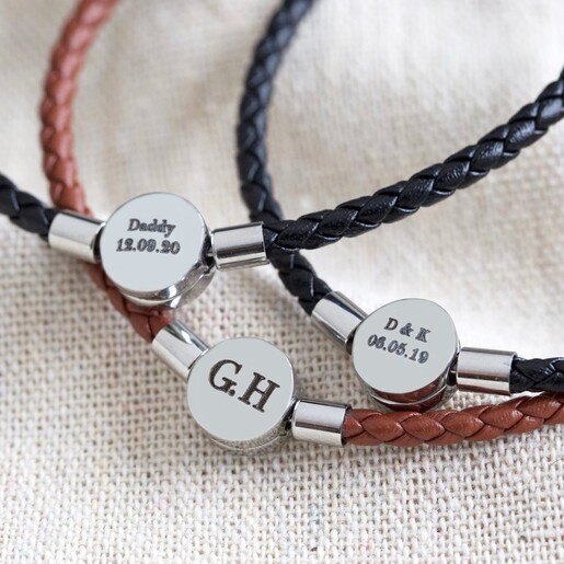 Men's Personalised Leather Bracelet with Disc Clasp